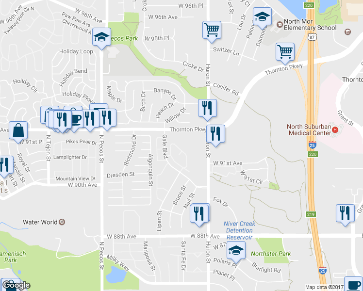 map of restaurants, bars, coffee shops, grocery stores, and more near 9142 Gale Boulevard in Thornton