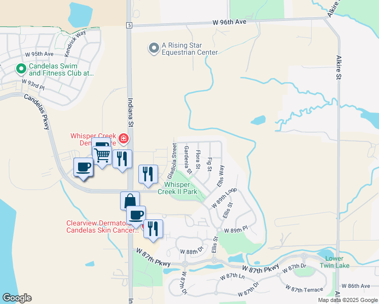 map of restaurants, bars, coffee shops, grocery stores, and more near 9164 Gardenia Street in Arvada
