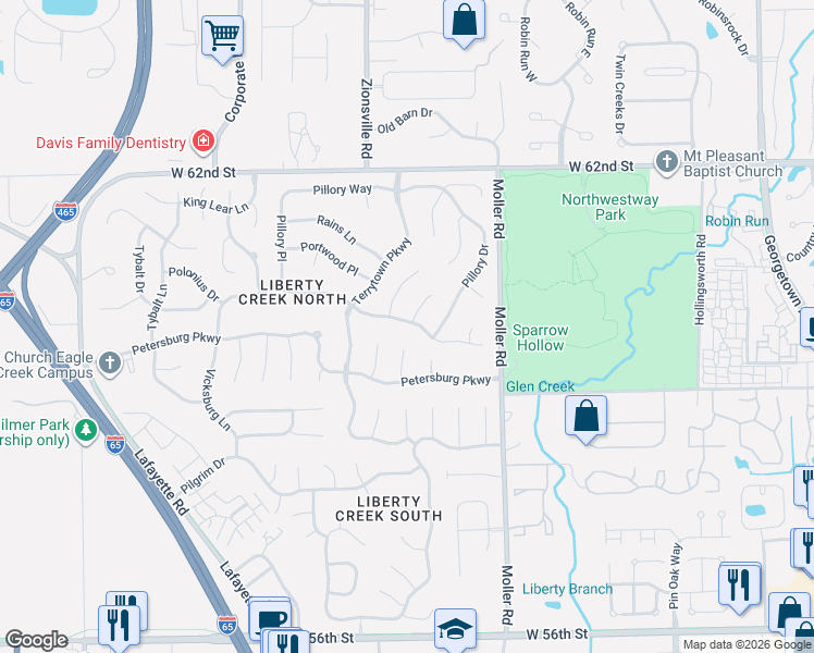 map of restaurants, bars, coffee shops, grocery stores, and more near 5607 Vicksburg Drive in Indianapolis