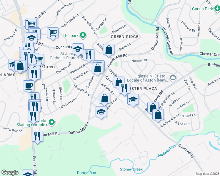map of restaurants, bars, coffee shops, grocery stores, and more near 3080 Roberts Road in Aston