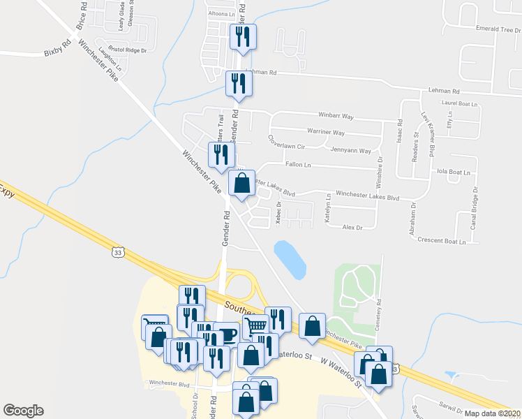map of restaurants, bars, coffee shops, grocery stores, and more near 6535 Armalite Place in Canal Winchester