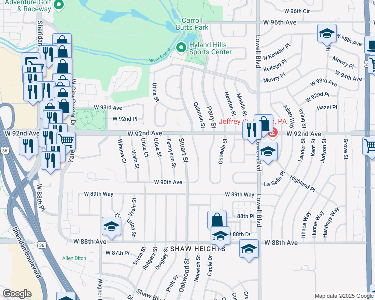 map of restaurants, bars, coffee shops, grocery stores, and more near 9150 Stuart Street in Westminster