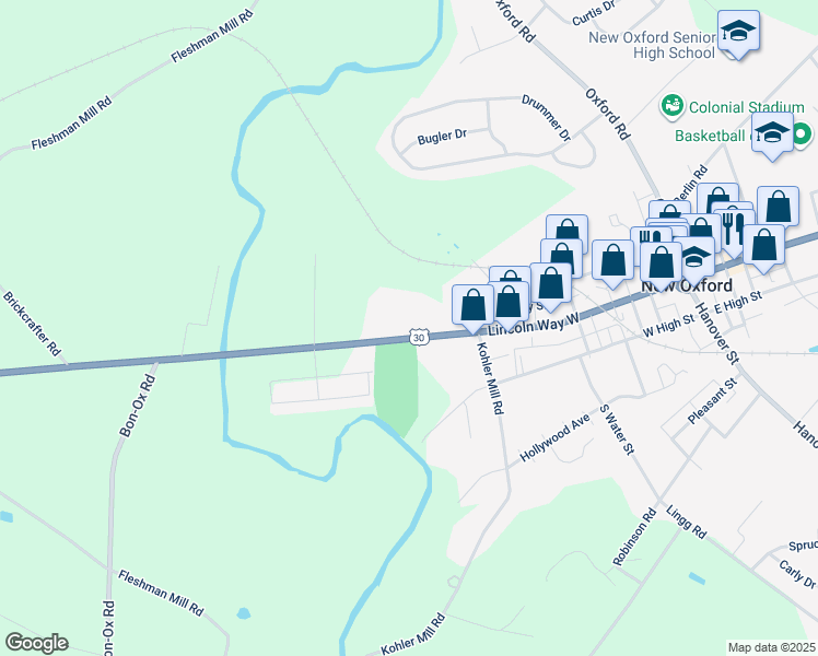 map of restaurants, bars, coffee shops, grocery stores, and more near 426 York Road in New Oxford