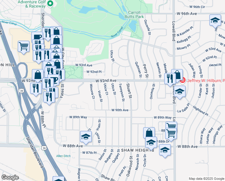 map of restaurants, bars, coffee shops, grocery stores, and more near 9133 Utica Street in Westminster