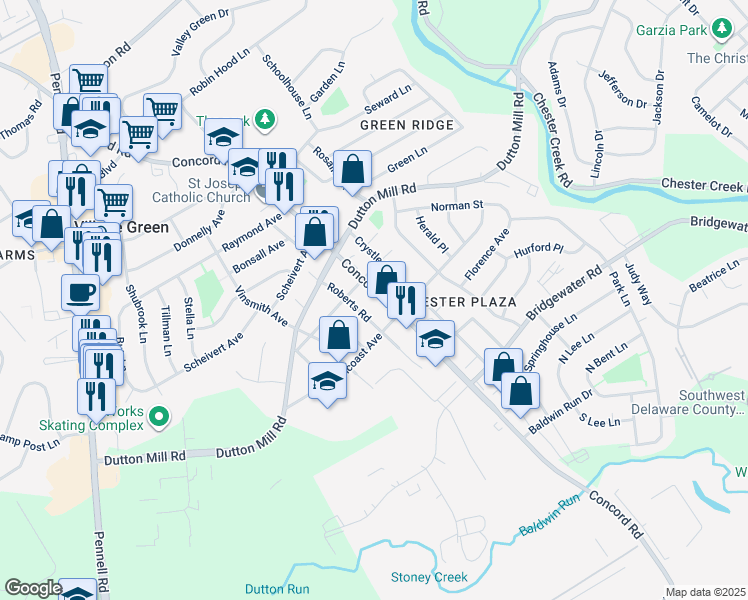 map of restaurants, bars, coffee shops, grocery stores, and more near 3031 Concord Road in Aston