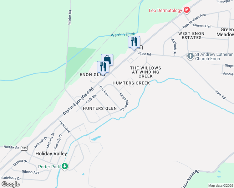 map of restaurants, bars, coffee shops, grocery stores, and more near 4767 Kings Ridge Circle in Fairborn