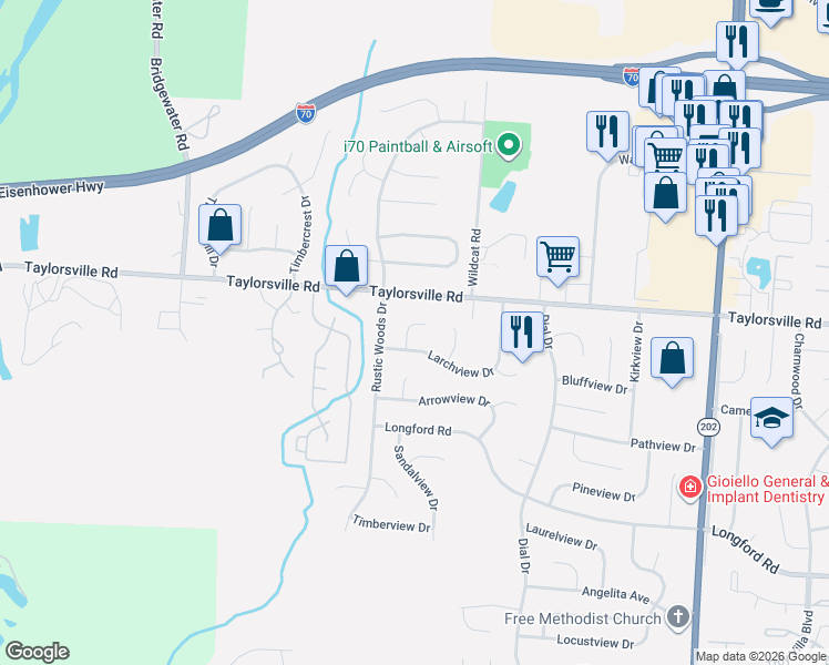 map of restaurants, bars, coffee shops, grocery stores, and more near 7630 Blossomview Ct in Dayton