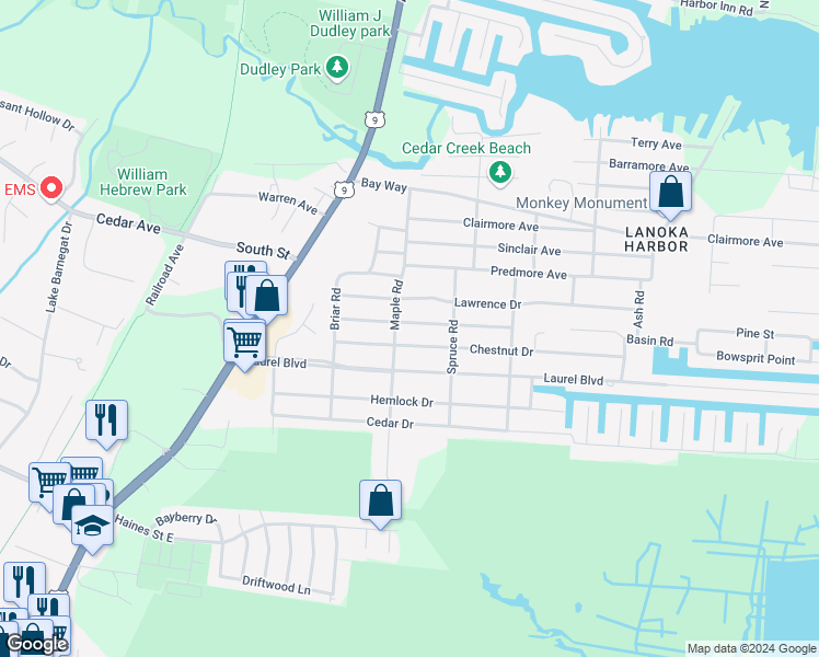 map of restaurants, bars, coffee shops, grocery stores, and more near 203 Walnut Drive in Lacey Township