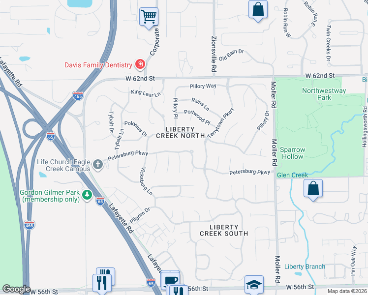 map of restaurants, bars, coffee shops, grocery stores, and more near 5720 Petersburg Parkway in Indianapolis