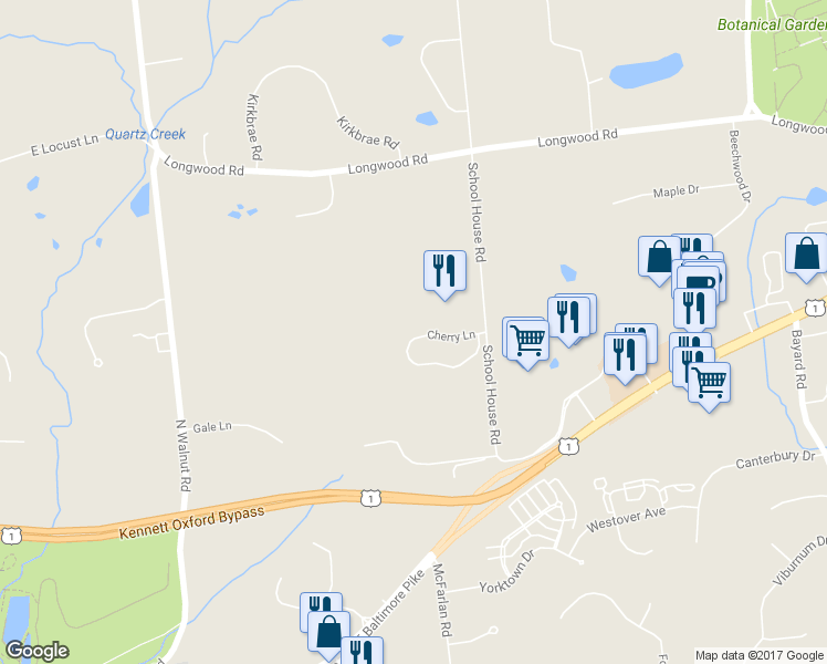 map of restaurants, bars, coffee shops, grocery stores, and more near 246 Cherry Lane in Kennett Square