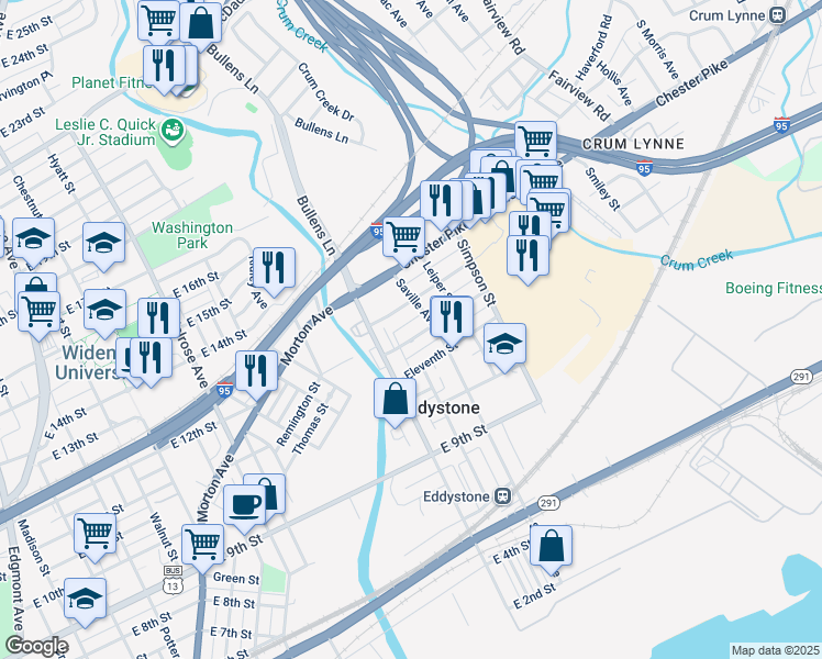 map of restaurants, bars, coffee shops, grocery stores, and more near 1238 E 12th St in Eddystone