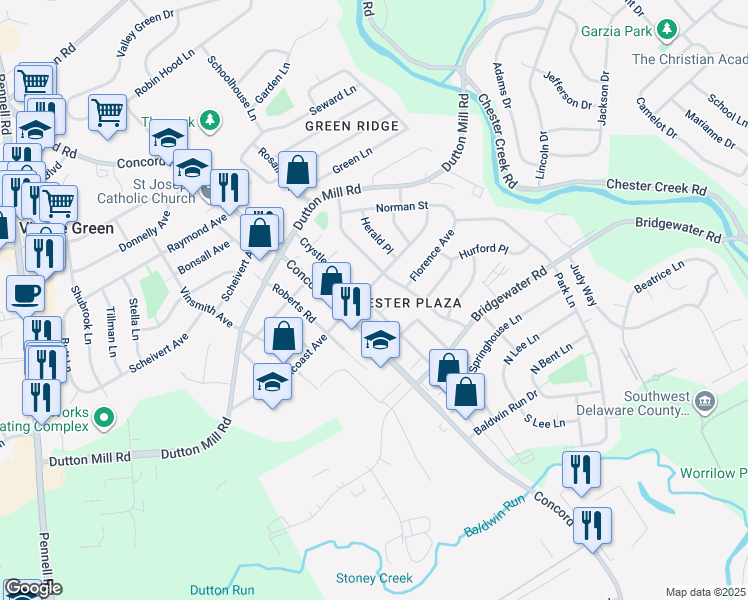 map of restaurants, bars, coffee shops, grocery stores, and more near 903 Crystle Road in Aston