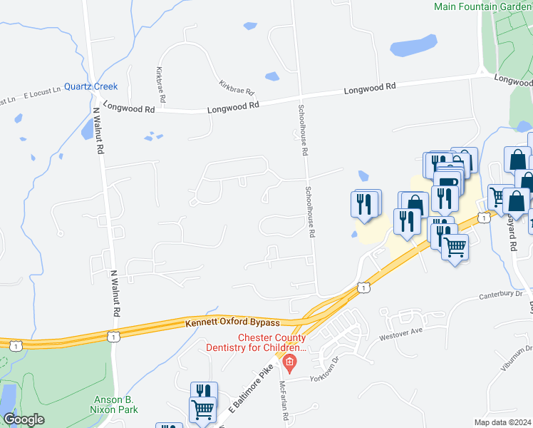 map of restaurants, bars, coffee shops, grocery stores, and more near 242 Cherry Lane in Kennett Square