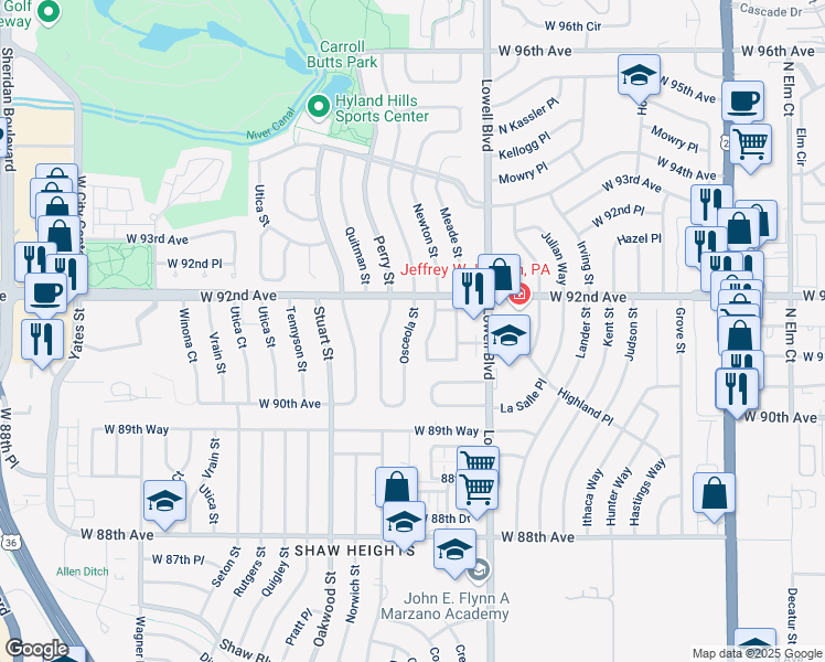 map of restaurants, bars, coffee shops, grocery stores, and more near 9142 Osceola Street in Westminster