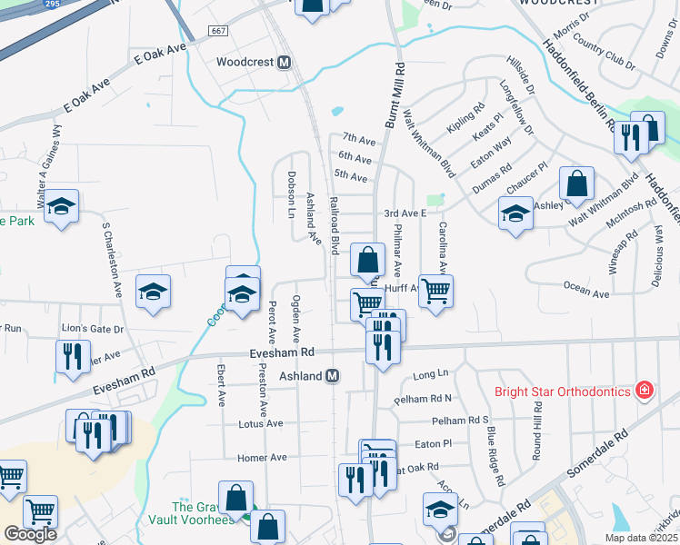 map of restaurants, bars, coffee shops, grocery stores, and more near 18 Hoffman Avenue in Cherry Hill