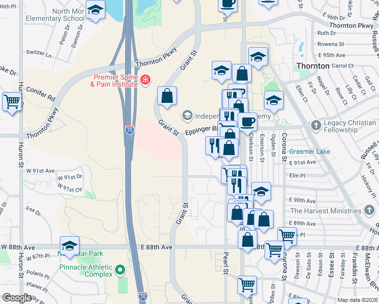 map of restaurants, bars, coffee shops, grocery stores, and more near 8 Grant Street in Thornton