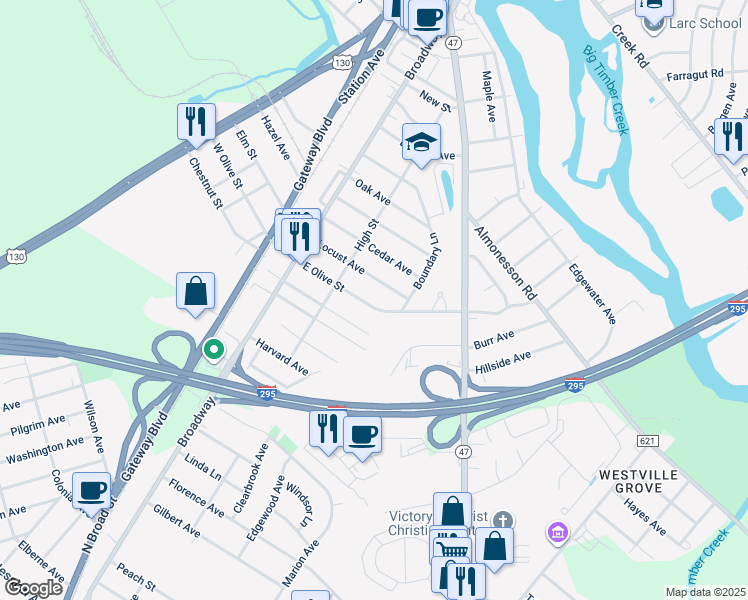 map of restaurants, bars, coffee shops, grocery stores, and more near 137 East Olive Street in Westville