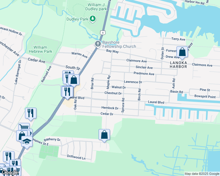 map of restaurants, bars, coffee shops, grocery stores, and more near 201 Walnut Drive in Lacey Township