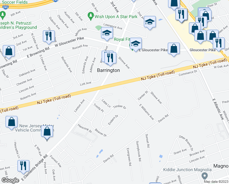 map of restaurants, bars, coffee shops, grocery stores, and more near 42 Clark Drive in Barrington