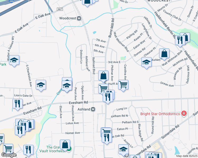 map of restaurants, bars, coffee shops, grocery stores, and more near 18 Hoffman Avenue in Cherry Hill