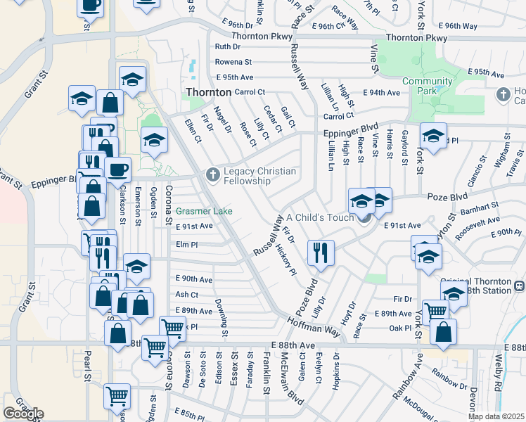 map of restaurants, bars, coffee shops, grocery stores, and more near 9126 Fir Drive in Thornton