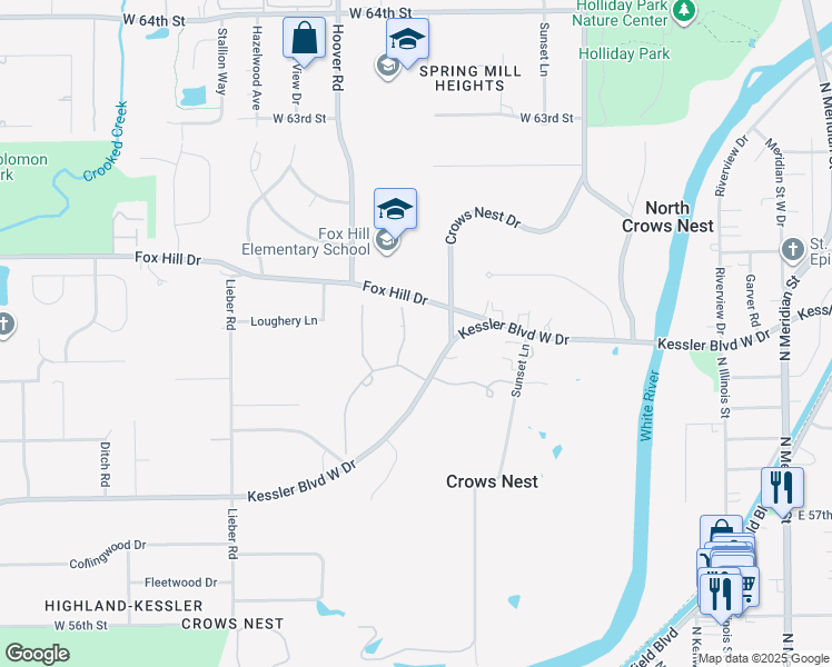 map of restaurants, bars, coffee shops, grocery stores, and more near 5953 Stafford Road in Indianapolis