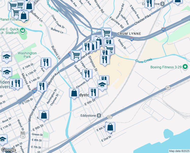 map of restaurants, bars, coffee shops, grocery stores, and more near 1415 East 11th Street in Eddystone