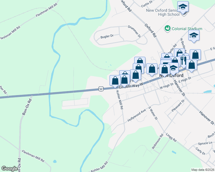 map of restaurants, bars, coffee shops, grocery stores, and more near 410 Lincoln Way West in New Oxford
