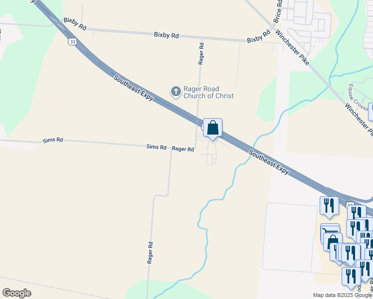 map of restaurants, bars, coffee shops, grocery stores, and more near 5800 Rager Road in Groveport