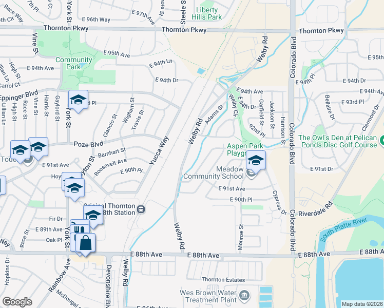map of restaurants, bars, coffee shops, grocery stores, and more near 9160 Welby Road in Thornton