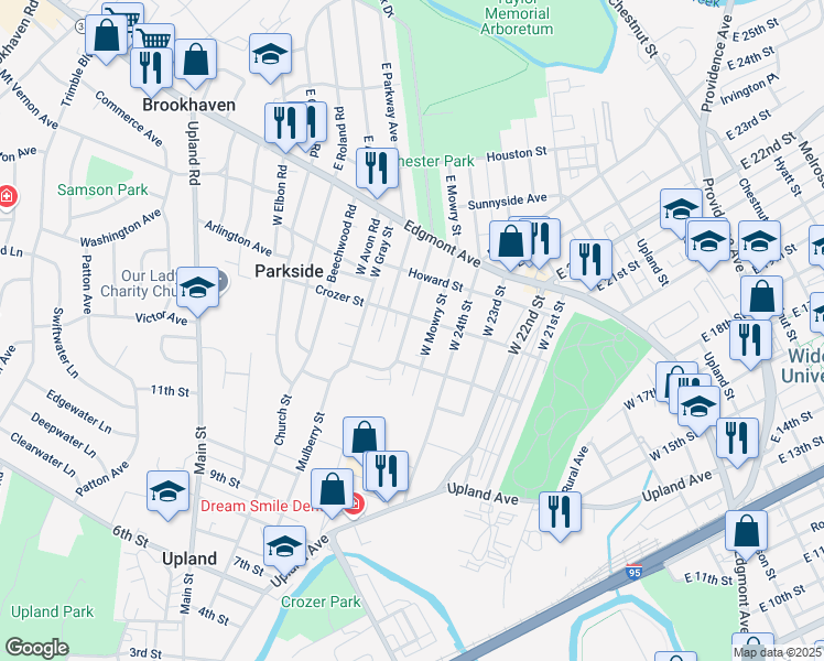 map of restaurants, bars, coffee shops, grocery stores, and more near 203 West Elkinton Avenue in Chester