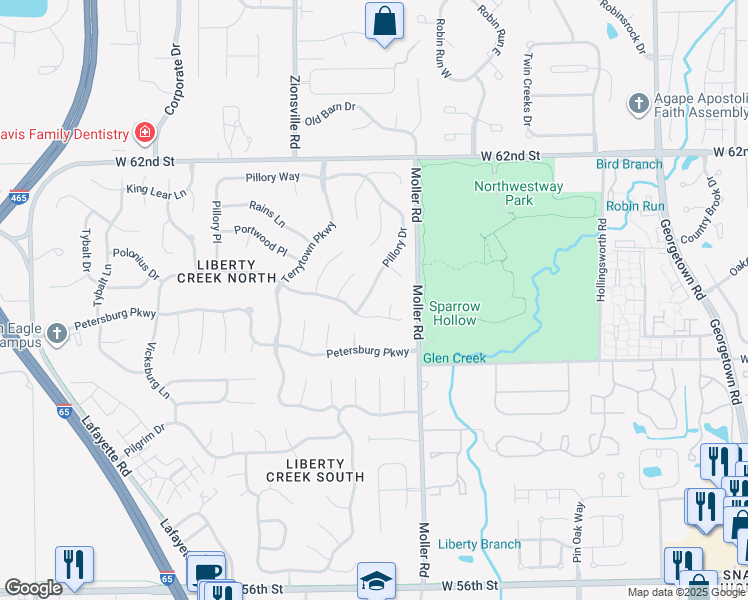 map of restaurants, bars, coffee shops, grocery stores, and more near 6016 Prentis Circle in Indianapolis