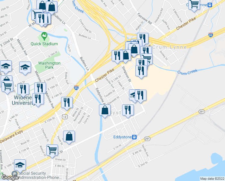map of restaurants, bars, coffee shops, grocery stores, and more near 1252 Twelfth Street in Eddystone