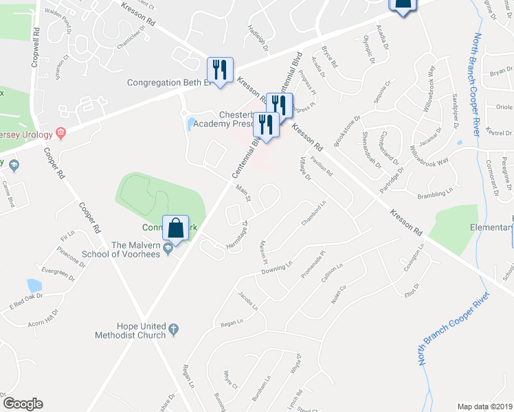 map of restaurants, bars, coffee shops, grocery stores, and more near 4014 Hermitage Drive in Voorhees Township
