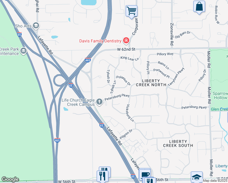 map of restaurants, bars, coffee shops, grocery stores, and more near 5951 Tybalt Lane in Indianapolis