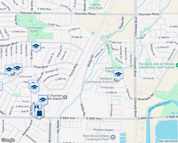 map of restaurants, bars, coffee shops, grocery stores, and more near 9160 Welby Road in Thornton