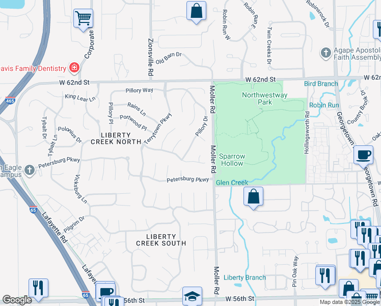 map of restaurants, bars, coffee shops, grocery stores, and more near 6016 Prentis Circle in Indianapolis