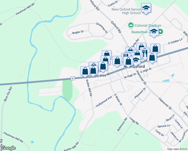 map of restaurants, bars, coffee shops, grocery stores, and more near 330 Lincoln Way West in New Oxford