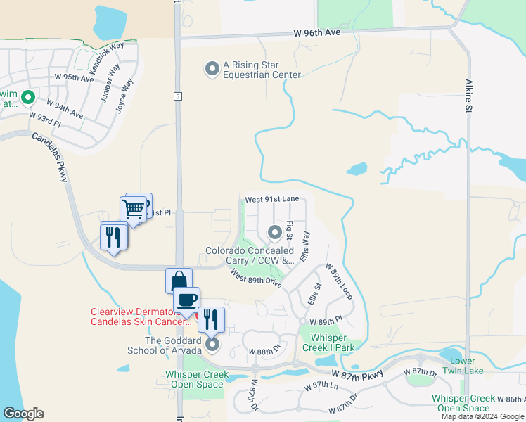 map of restaurants, bars, coffee shops, grocery stores, and more near 9164 Gardenia Street in Arvada