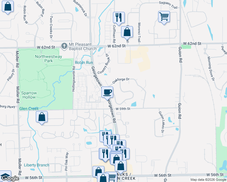 map of restaurants, bars, coffee shops, grocery stores, and more near 5975 Sycamore Forge Drive in Indianapolis
