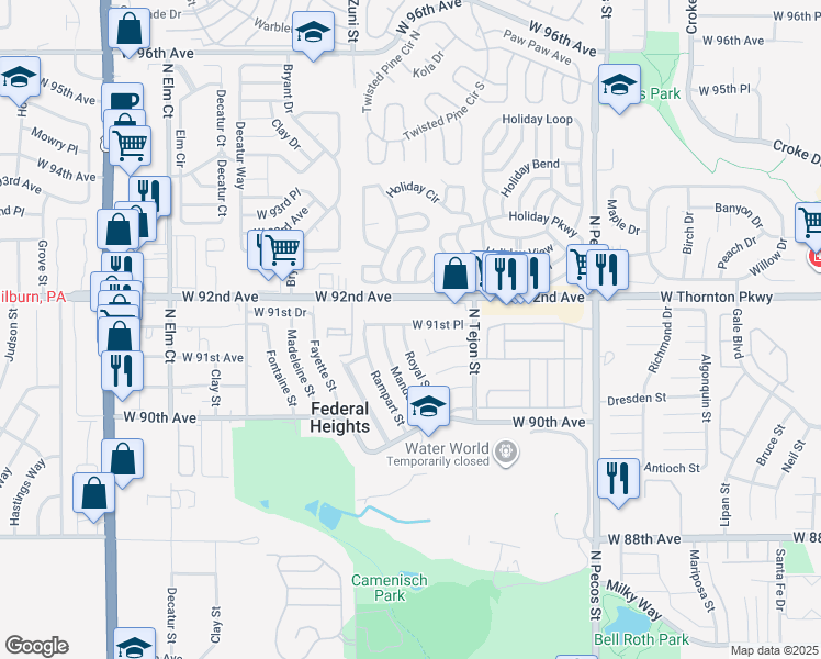 map of restaurants, bars, coffee shops, grocery stores, and more near 9128 Royal Street in Federal Heights