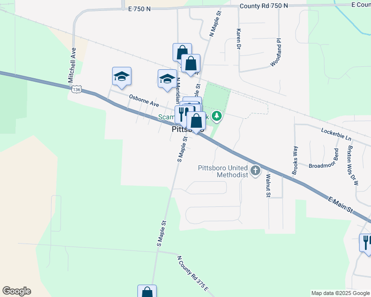 map of restaurants, bars, coffee shops, grocery stores, and more near 119 South Maple Street in Pittsboro