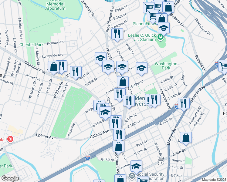 map of restaurants, bars, coffee shops, grocery stores, and more near 185 East 18th Street in Chester