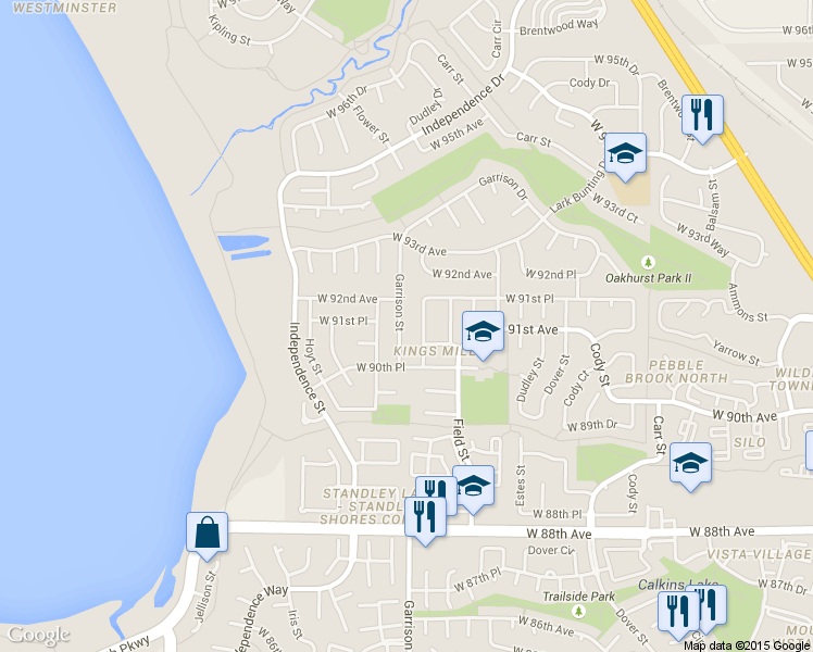 map of restaurants, bars, coffee shops, grocery stores, and more near 9130 Garrison Street in Westminster