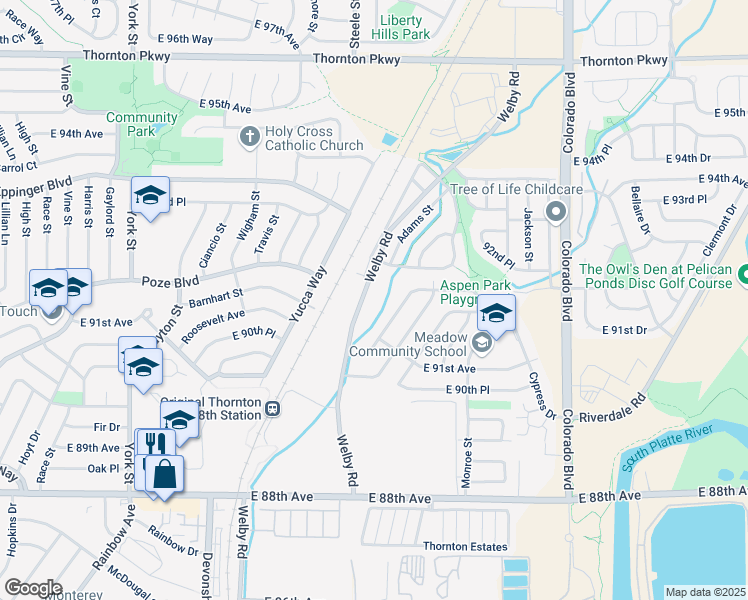 map of restaurants, bars, coffee shops, grocery stores, and more near 9160 Welby Road in Thornton