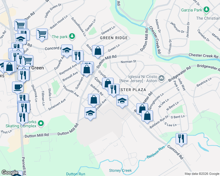 map of restaurants, bars, coffee shops, grocery stores, and more near 3010 Concord Road in Aston