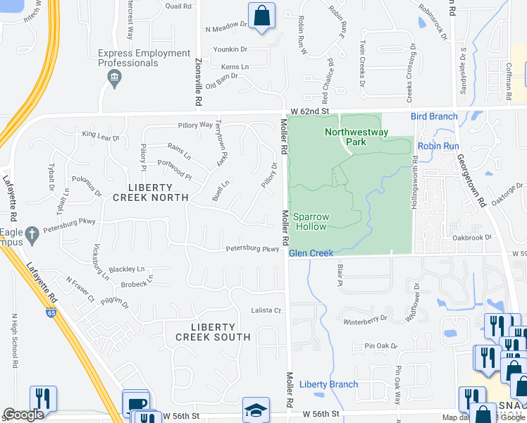 map of restaurants, bars, coffee shops, grocery stores, and more near 6016 Prentis Circle in Indianapolis