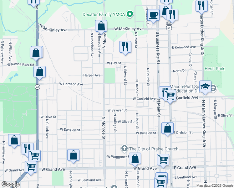 map of restaurants, bars, coffee shops, grocery stores, and more near 2026 North College Street in Decatur