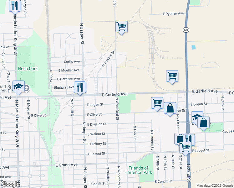 map of restaurants, bars, coffee shops, grocery stores, and more near E Garfield Ave & N Woodford St in Decatur