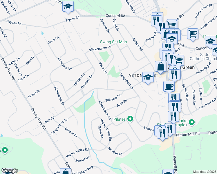 map of restaurants, bars, coffee shops, grocery stores, and more near 3183 Surrey Ln in Aston